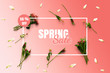 Spring sale banner. Special offer poster discount on the pink background with tulips flatlay top view and white frame. Flowers composition