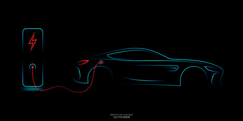 Wall Mural - Electric car with charging stations by sketch line side view blue and red colors isolated on black background. Vector illustration.