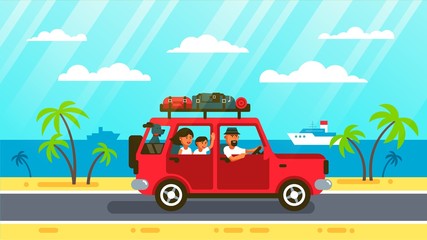 Happy family rides by car with a dog along coats road, past palm trees and ships. Vector illustration in flat style.