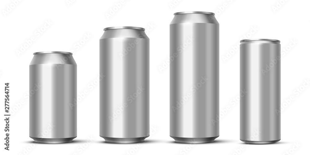 Aluminium beer, energy drink or soda pack mock up. Vector realistic blank metallic cans isolated on white background. - obrazy, fototapety, plakaty 