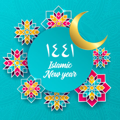 Canvas Print - 1441 hijri islamic new year. Happy Muharram. Muslim community festival Eid al ul Adha Mubarak greeting card with 3d paper flower, star, moon. Template for menu, invitation, poster, banner, card.