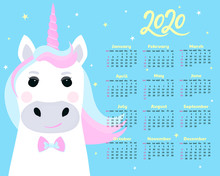 Calendar For 2020 From Sunday To Saturday. Cute Unicorn Cartoon Character. Funny Fantastic Hero. Fairytale.