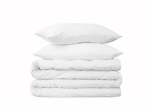 Stack Of Two Pillows And On The White Background, Two White Pillows On The Rolled Duvet Isolated, Bedding Objects Isolated Against White Background, Bedding Items Catalog Illustration, Bedding Mock Up
