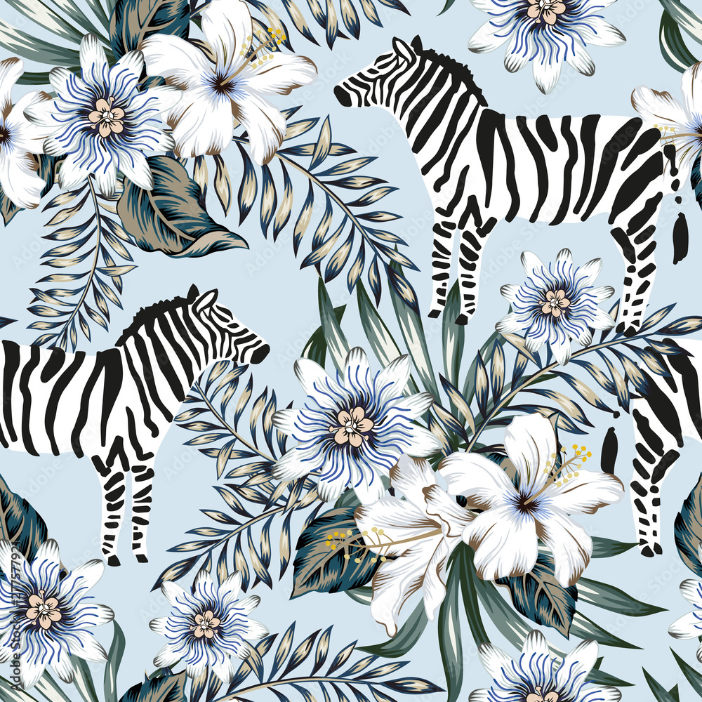 Papel de parede Tropical zebra, palm leaves, hibiscus, passion flowers bouquets, light blue background