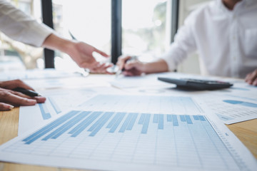 Poster - Two business colleague meeting to brainstorm the new project business strategy plan and analysis data document, finance and accounting concept Briefing, brainstorming, consulting