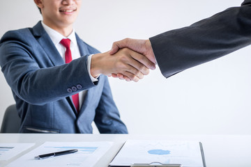 Aufkleber - Meeting and greeting concept, Two confident Business handshake and business people after discussing good deal of Trading contract and new projects for both companies, success, partnership, co worker