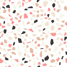 Terrazzo Seamless Pattern. Vector Crack Stone Marble Background. Endless Rock Concrete Texture. Ceramic Tile Fragments. Terrazzo Floor Print. Abstract Mosaic Pink Beige Black