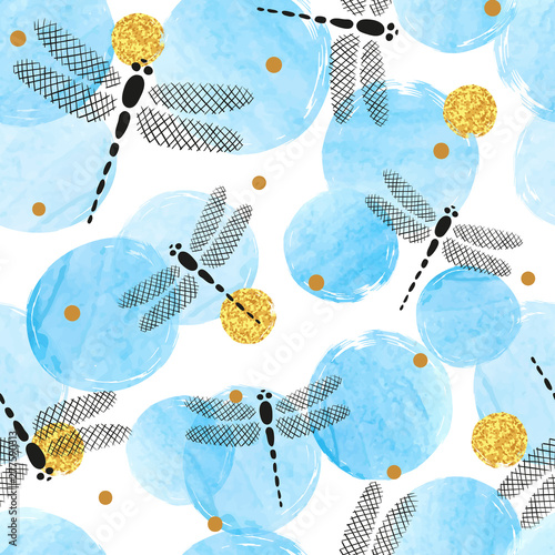 Abstract blue circles pattern with dragonflies.