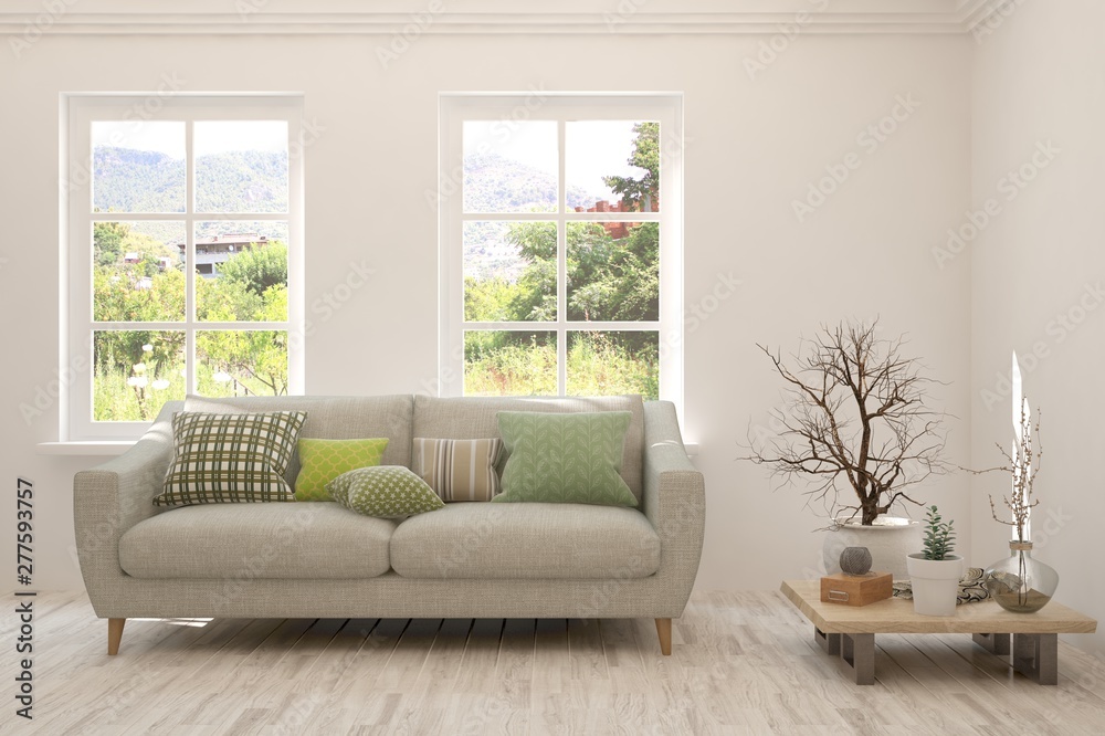 Stylish room in white color with sofa and summer landscape in window. Scandinavian interior design. 3D illustration