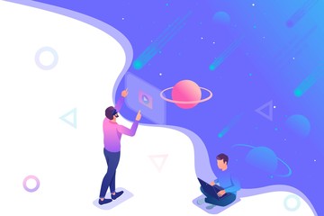 Wall Mural - Isometric a young man runs a virtual reality using virtual glasses, a teenager runs on a laptop. Concept for web design