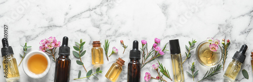 Fotografía Flat lay composition with bottles of natural tea tree oil and space for text on