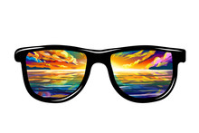 Sunglasses With Sunset Reflection On The Sea. Color Art Image Points With The Reflection Of The Beautiful Sunset And The Sea.