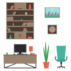 Fototapete - A set of furniture for the cabinet in modern style. Vector flat illustration The interior of the room