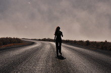 Silhouette Woman Road Wind Dust Desert Backlit