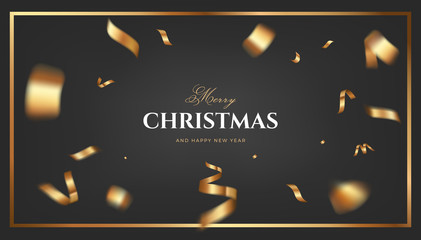 Wall Mural - Merry Christmas vector design. Black golden background with flying gold confetti and congratulations text. Elegant festive decoration, gift card or web banner template