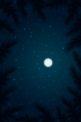 Night sky background. Tops view trees with depth of field moon on sky and star. Vector illustration.