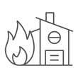 Fire insurance thin line icon, protection and house, home on fire sign, vector graphics, a linear pattern on a white background.