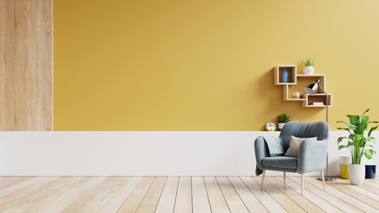 Living room interior with fabric armchair ,lamp,book and plants on empty yellow wall background.3d renderin