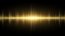 Sound Waves Of Light Golden On A Dark Background. Light Effect. Background For The Radio, Club, Party. Vibration Of Light. Bright Flash Of Light With Luminous Dust. Vector Illustration