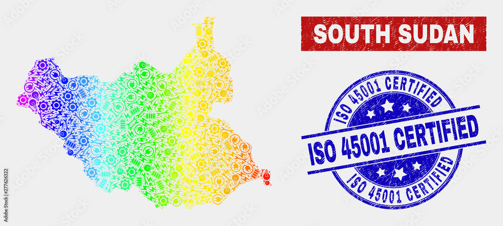 Tools South Sudan map and blue ISO 45001 Certified scratched seal ...