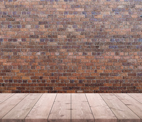 Empty wood table top and background of old brick wall - can used for display or montage your products.