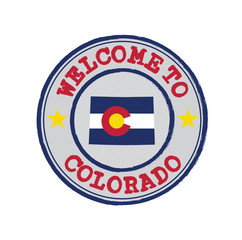 Vector Stamp of welcome to Colorado with states flag on map outline in the center.