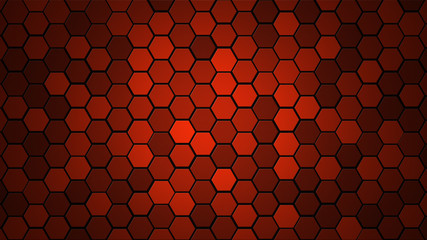 Wall Mural - Honeycomb Grid tile random background or Hexagonal cell texture. in color Bright Red with dark or black gradient. Tecnology concept. with 4k resolution.