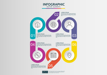 Poster - 6 steps infographic. timeline design template with 3D paper label, integrated circles. Business concept with options. For content, diagram, flowchart, steps, parts, workflow layout, chart.