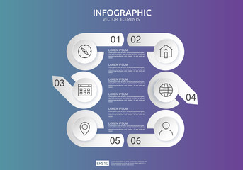 Poster - 6 steps infographic. timeline design template with 3D paper label, integrated circles. Business concept with options. For content, diagram, flowchart, steps, parts, workflow layout, chart.