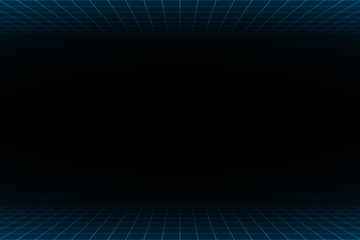 Wall Mural - one point perspective blue light over and under grid on dark background, retro technology concept.