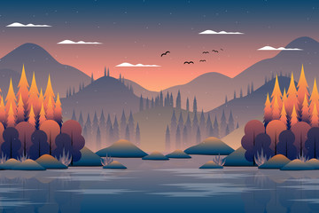 autumn forest landscape with mountain and sky background