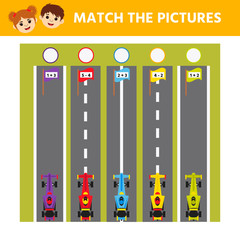 Poster - Math Game for children. Labyrinth. Cartoon racing cars. Help the moped get to the finish line. Education developing worksheet. Vector illustration