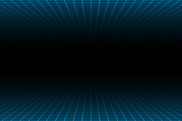 central perspective over and under blue light grid on dark background, futuristic retro style.