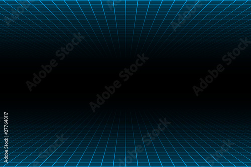 Cuadros en Lienzo One point perspective blue light over and under grid on dark background, copy space composition, retro technology concept