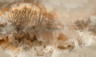 Canvas Print - Digital watercolour painting of Landscape of lake in mist with sun glow at sunrise