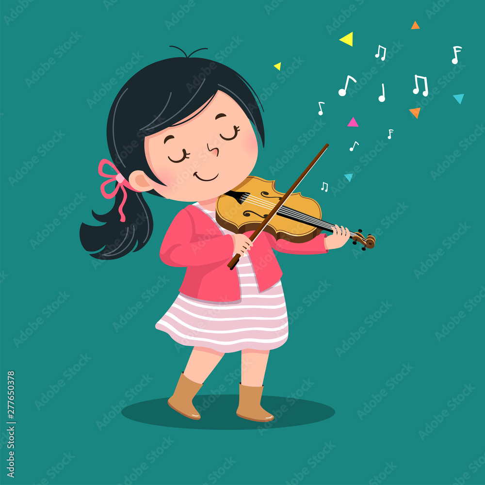 Cute little girl playing the violin on green background Stock Vector ...