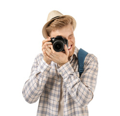 Sticker - Young tourist with photo camera on white background