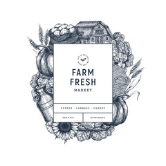 Wall Mural - farm fresh products design template. vintage style organic vegetables, house, potato, pumpkin, sunfl