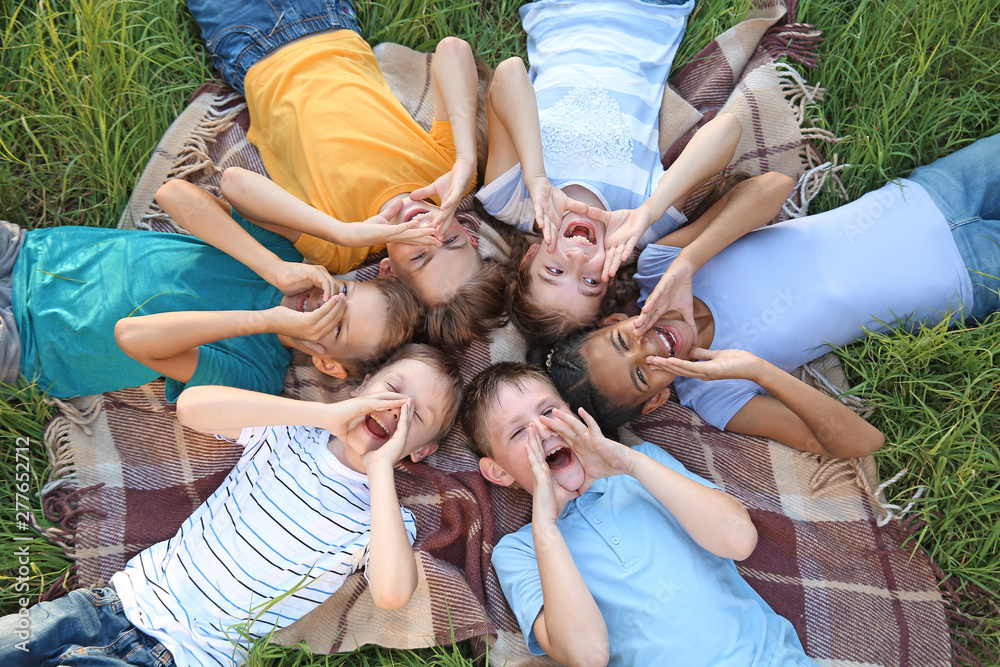 Group of children lying on plaid in park