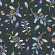 Seamless watercolor hand painted cowberry pattern with realistic red berries and nature elements. Lingonberry on dark background. Perfect for prints, fabric design, wrapping and digital paper