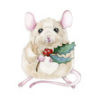 Mouse or rat with nice Christmas holly branch watercolor illustration. Cute little mouse a simbol of chinese zodiac 2020 new year with holly and red berries isolated on white background.