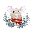 Mouse or rat in a red scarf with nice winter new year wreath watercolor illustration. Cute little mouse a simbol of chinese zodiac 2020 new year with eucalyptus isolated on white background.