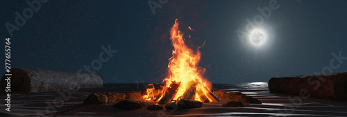 3d rendering of large bonfire with sparks and particles in front of full moon...