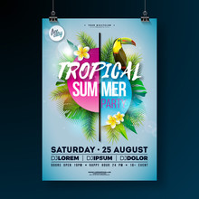 Tropical Summer Party Flyer Design With Flower, Palm Leaves And Toucan Bird On Blue Background. Vector Summer Beach Celebration Design Template With Nature Floral Elements, Tropical Plants And