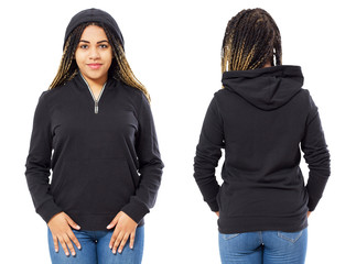 Wall Mural - Stylish afro american girl in the hood in a hoodie front and back view black woman in sweatshirt pullover mock up