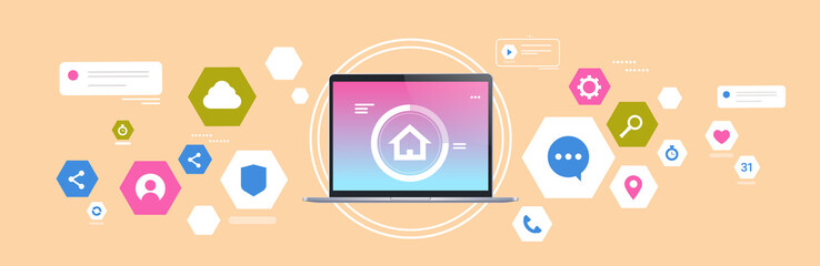 Poster - laptop screen with home page social media computer technology virtual interface icons network concept flat horizontal banner