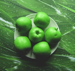 Green apples on a green background