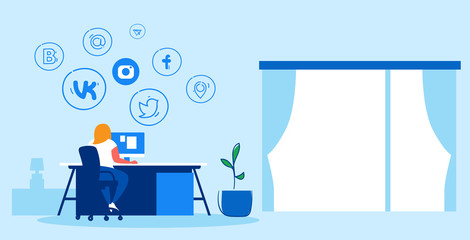 Poster - woman using computer application online social media networks communication concept girl sitting at workplace desk web site surfing internet community sketch horizontal