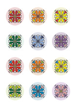 Digital Collage Sheet Circles Pixel Art Motif Shevitsa Rainbow, 12 Unique Designs, Bottle Cap, Icons, Isolated On White Background