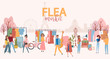 Flea market poster with people selling and shopping at walking street, vintage clothes and accessories shop on Paris background, cartoon flat design. Editable vector illustration
